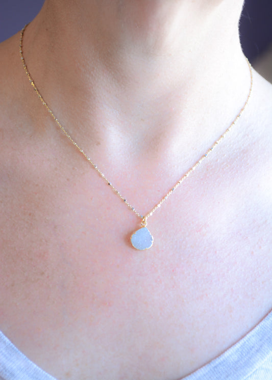 Two-tone silver necklace with aqua chalcedony druzy pendant