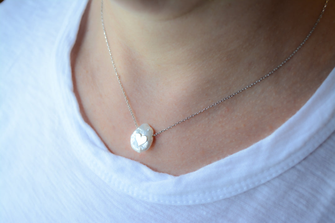 Silver freshwater pearl necklace with heart