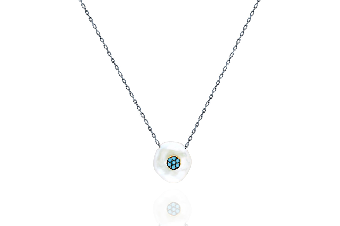 Dark Rhodium Necklace With Fresh Water Pearl and Turquoise