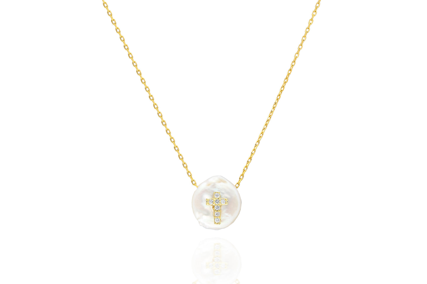 Gold Plated Silver With Freshwater Pearl and Cubic Zirconia Cross