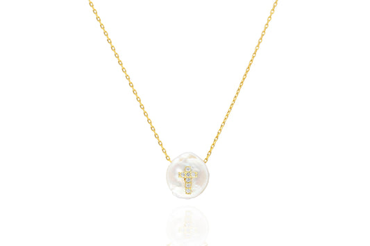 Gold Plated Silver With Freshwater Pearl and Cubic Zirconia Cross