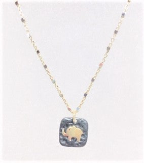 Mixed metal square pendant elephant necklace