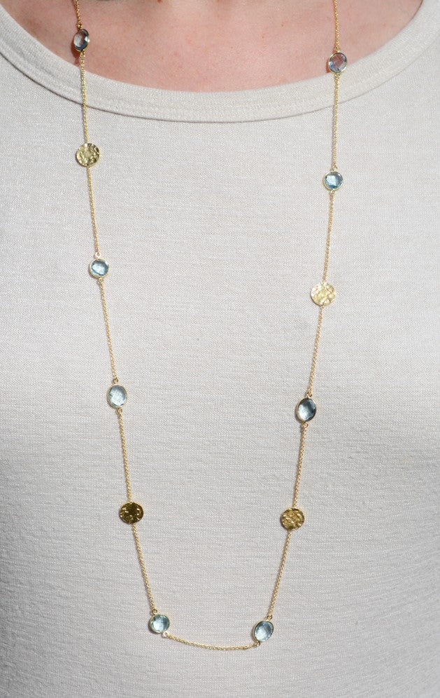 Light Blue topaz necklace with hammered disc accents