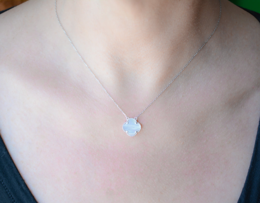 Silver mother of pearl quatrefoil necklace