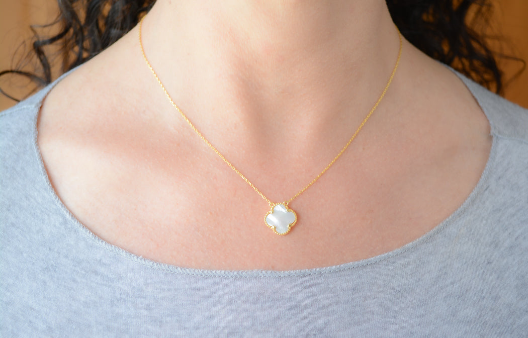 Gold mother of pearl quatrefoil necklace