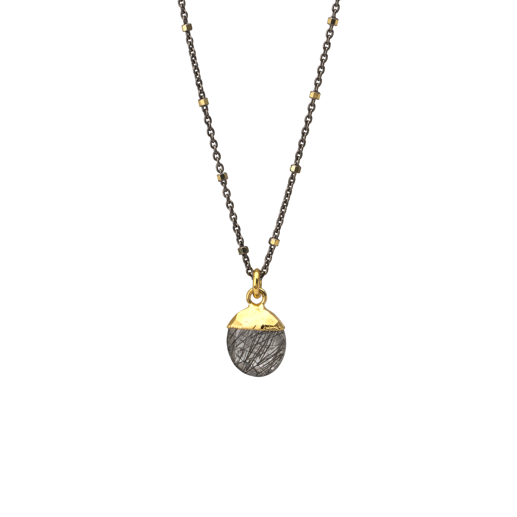 Mix metal necklace with oval black rutilated quartz pendant