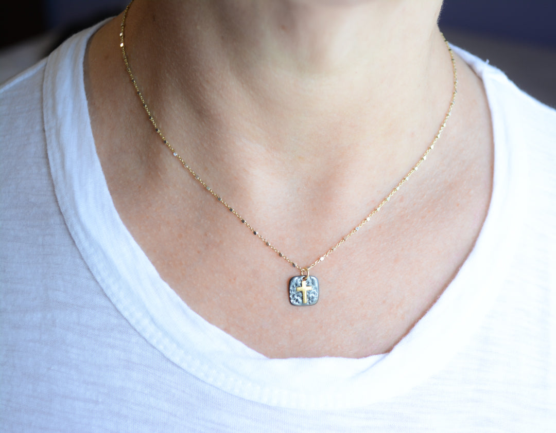 Mixed metal square pendant cross necklace