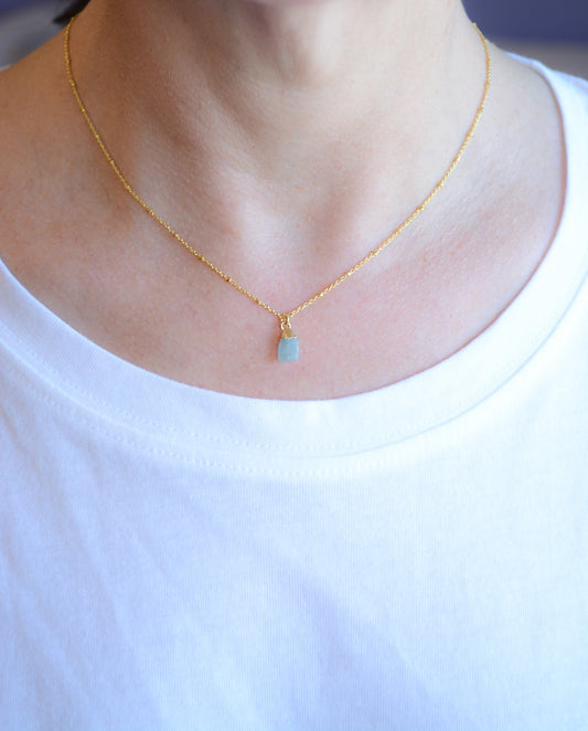 Gold Necklace With Rough Cut Aquamarine Pendant