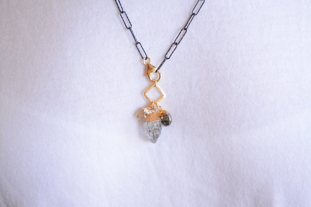 Dark Rhodium paperclip necklace with Herkimer and Citrine