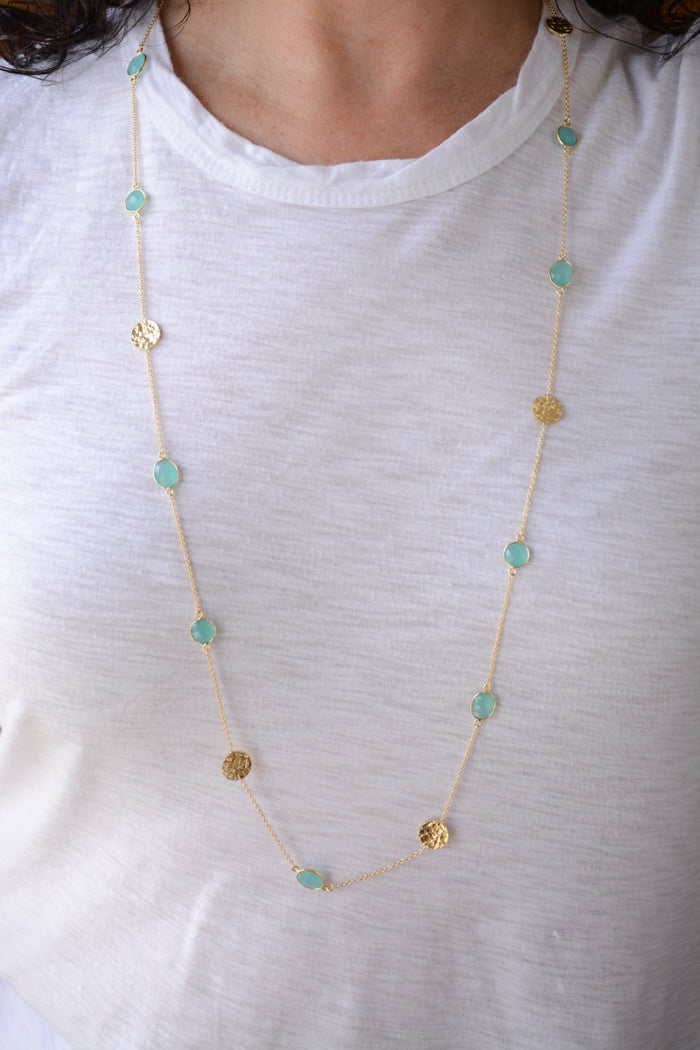 Gold Aqua chalcedony necklace with hammered discs