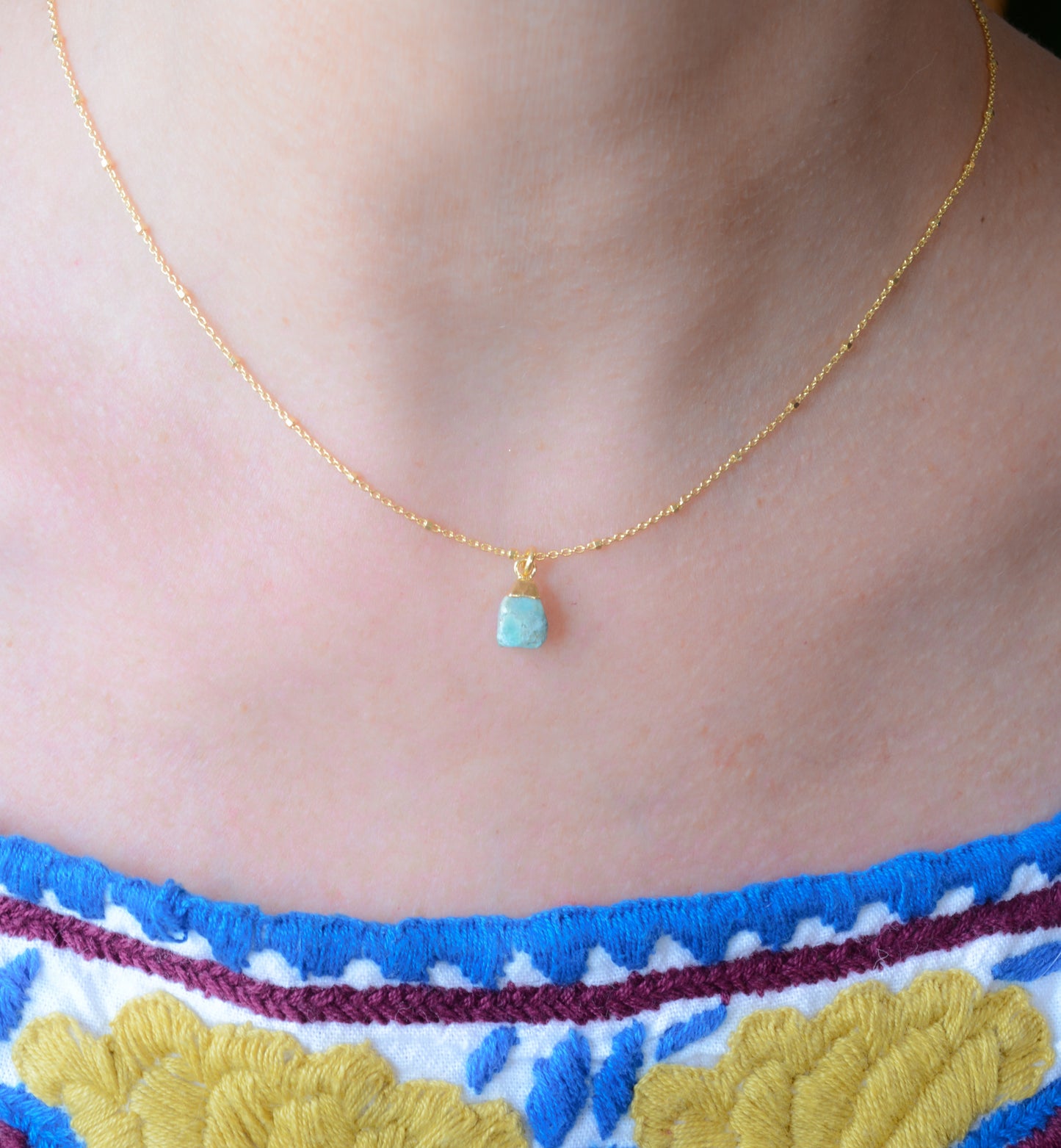 Gold Necklace With Rough Cut Kingman Turquoise Pendant
