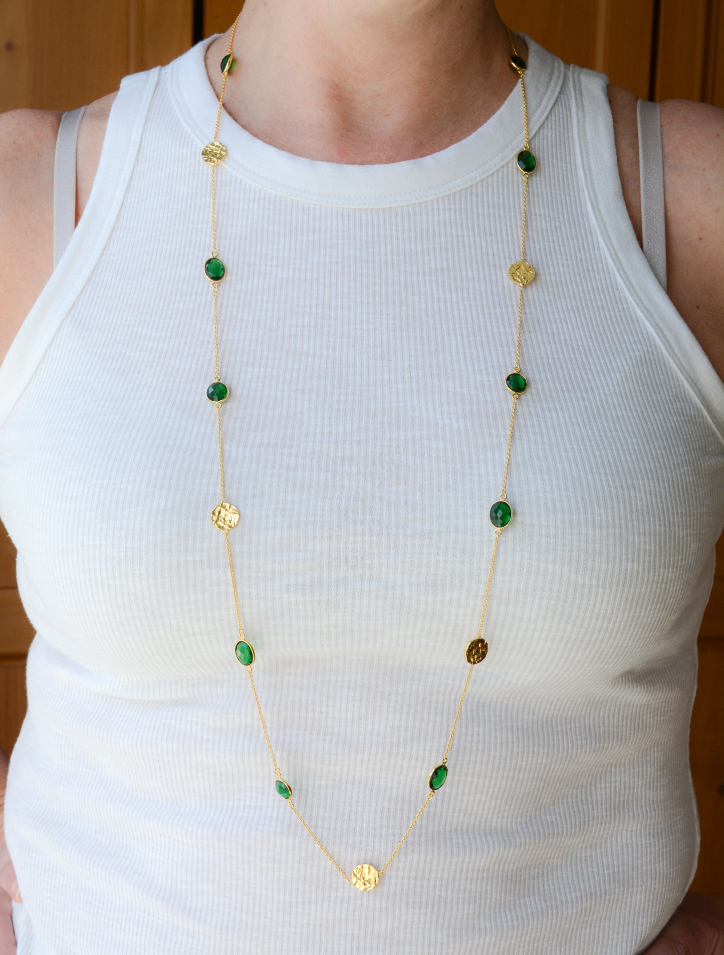 Green Tourmaline necklace with hammered disc accents