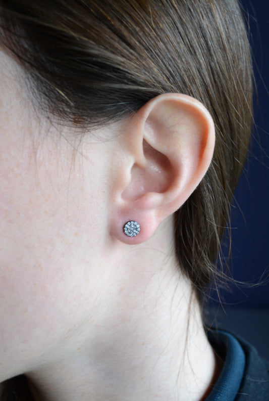 Dark Rhodium plate pave set cubic zirconia disc studs