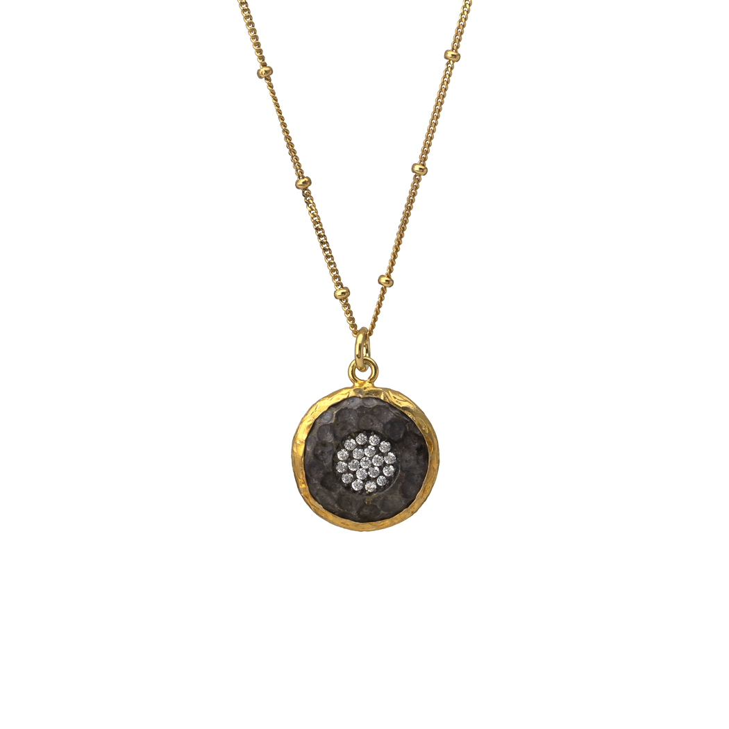 Gold pave disc pendant necklace