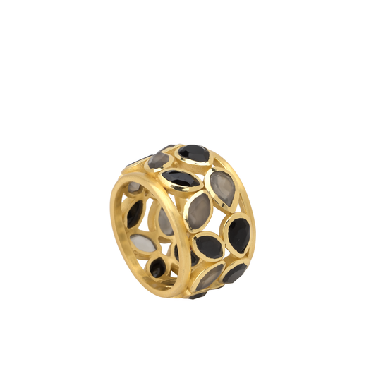 Gold plated band ring with onyx and gray moonstone