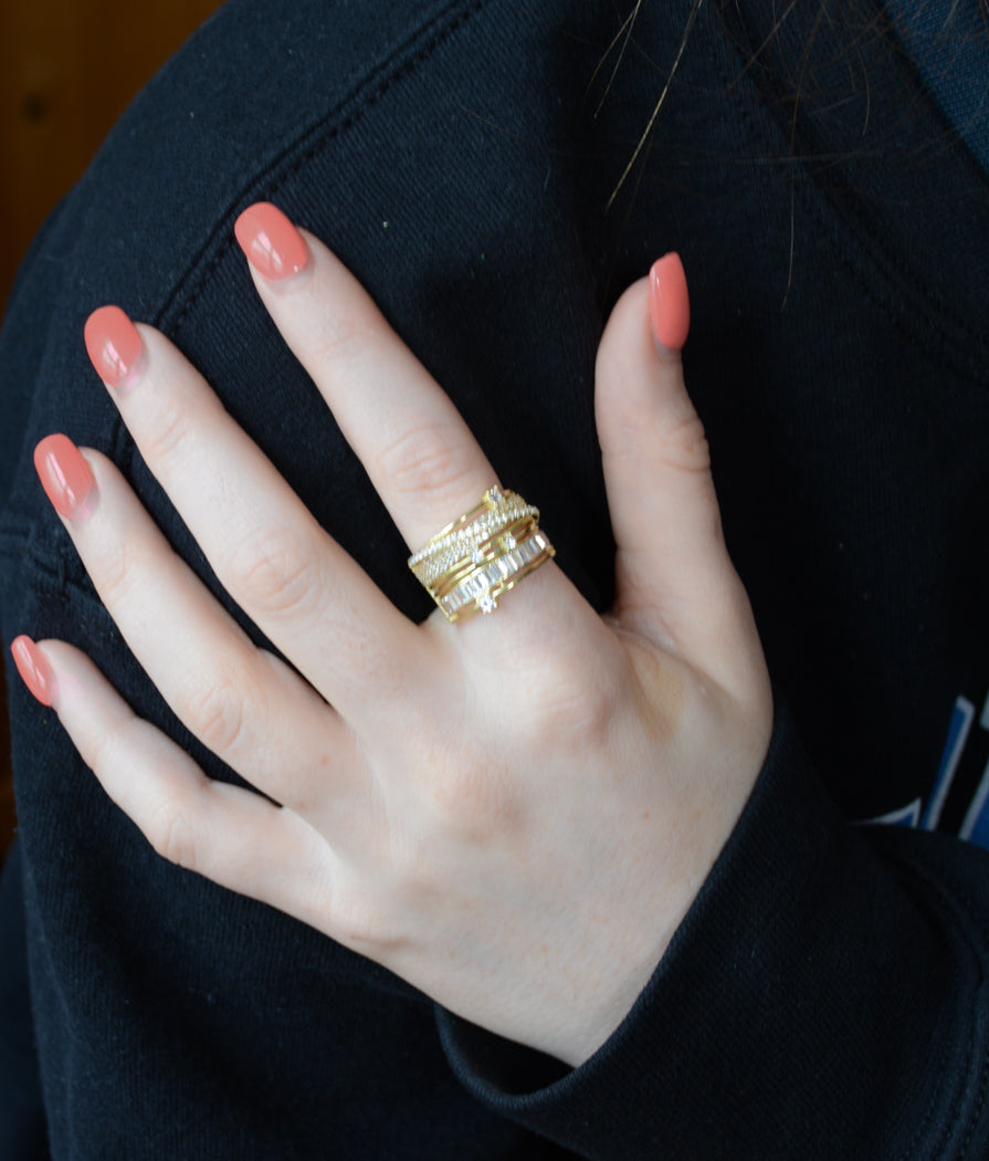 Gold plated satellite ring with cubic zirconia